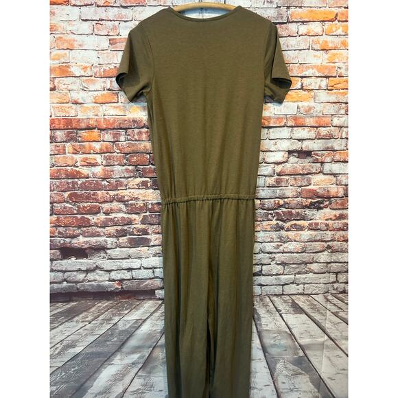 Tentree faux wrap short sleeve knit jumpsuit olive green women's size small - Picture 2 of 6